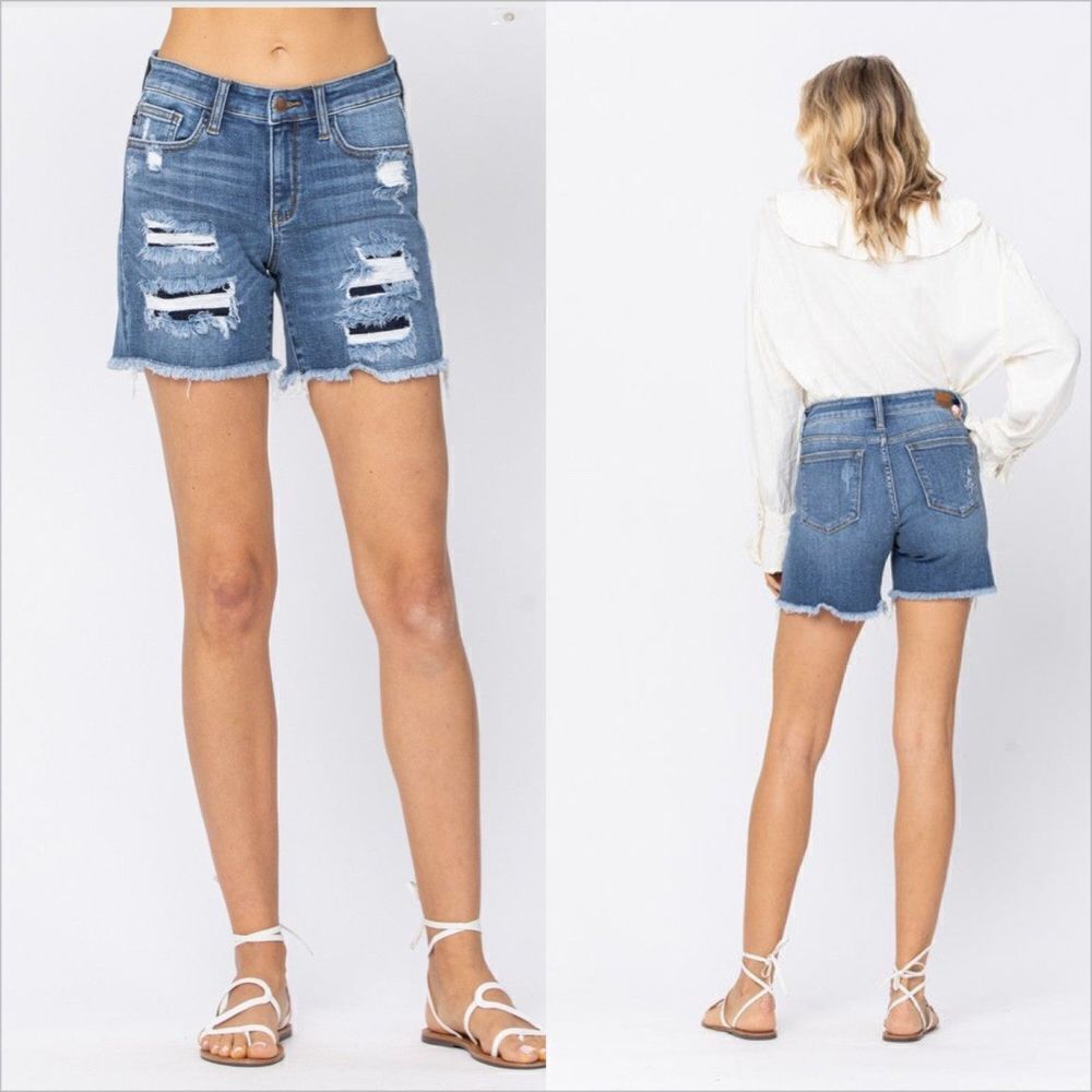 Judy Blue Patch Cut Off Shorts Size 3XL Distressed Raw Hem Stretch